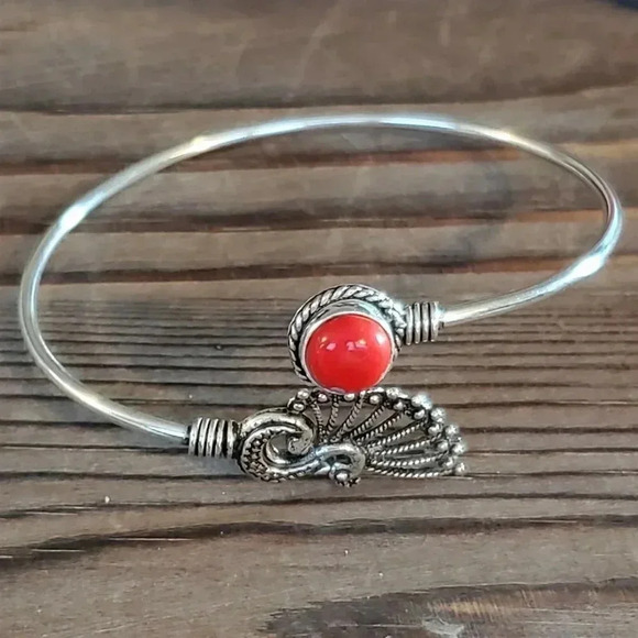 Handcrafted Red Coral Gemstone Peacock Sterling Silver Overlay Cuff Bracelet #O - Picture 6 of 7